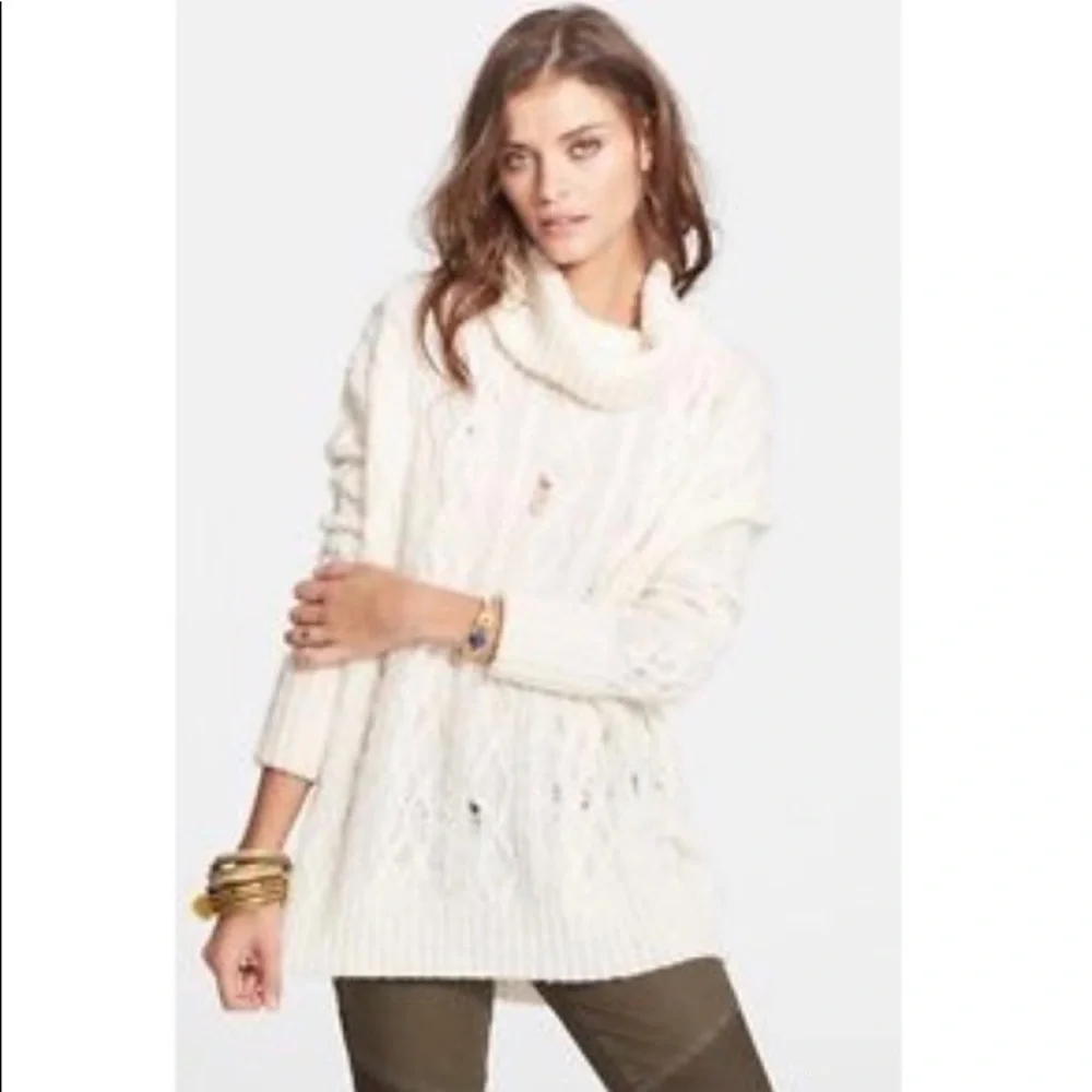 Free People Ivory Distressed Cowl Neck Sweater